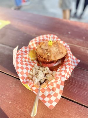 Buffalo Chick-Not Sandwich + side of macaroni salad at The Mocking Bird - Food Cart in Portland