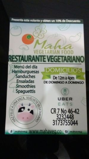 Info card, March 2017 at Maha Vegan Food in Bogota