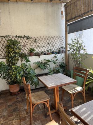 Seating on the terrace   at Maha Vegan Food in Bogota