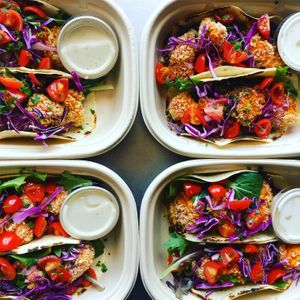 Buffalo Cauliflower Tacos with Vegan Ranch at Conscious Kitchen in Glen Cove