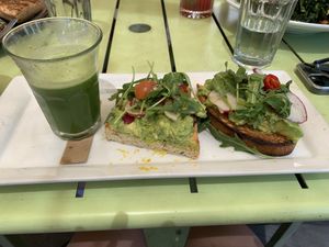 Brunch: avocado toast with green juicee  at Honey Salt in Las Vegas