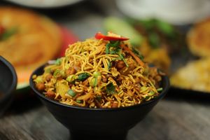 Vegan ChatPat (puffed rice, potato and herb spicy salsa) at Momo Central in Melbourne