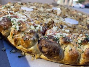 Look at that garlic knot crust! at Pizza Mia in Newburgh