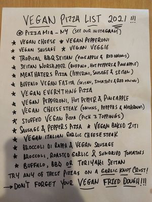 Vegan menu at Pizza Mia in Newburgh