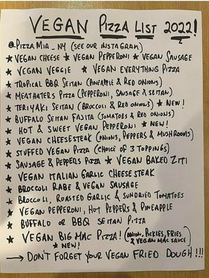 Vegan menu 2022 at Pizza Mia in Newburgh