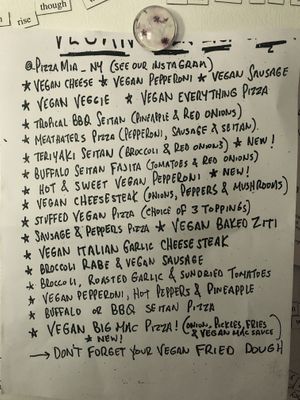 Latest vegan menu as of May 2023  at Pizza Mia in Newburgh