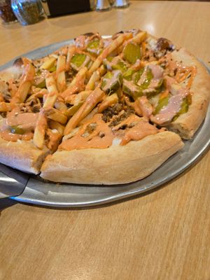 Vegan Big Mac Pizza (yes, those are French fries!!) 🍟🍔🍕🔥💯 at Pizza Mia in Newburgh