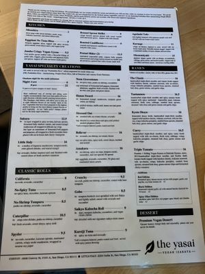 The Yasai menu at The Yasai - Little Italy in San Diego