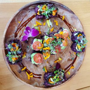 Stressed out roll on edges with Little Italy roll in center at The Yasai - Little Italy in San Diego