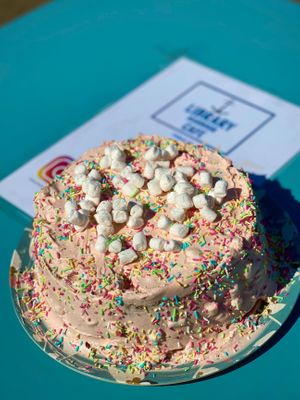 Marshmallow strawberry cake. Just delicious!  at The Library Harbour Cafe in Weymouth