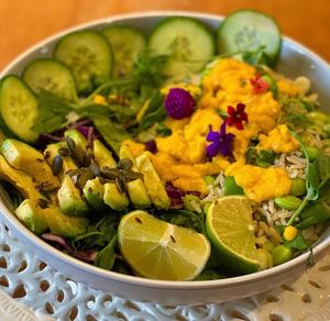 Our delicious Buddha bowl. Packed with fresh ingredients and full of flavour.  at The Library Harbour Cafe in Weymouth