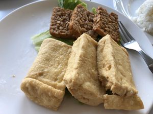 Fried tofu and tempeh  at Loving Hut in Surabaya