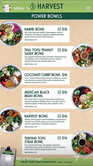 Power bowl menu at Harvest in Bedford