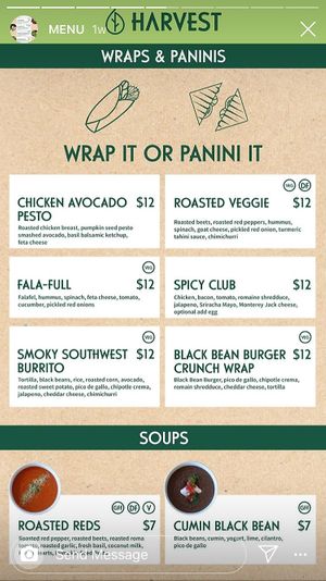 Sandwich and soup menu at Harvest in Bedford