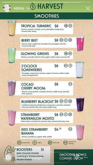 Smoothie menu at Harvest in Bedford