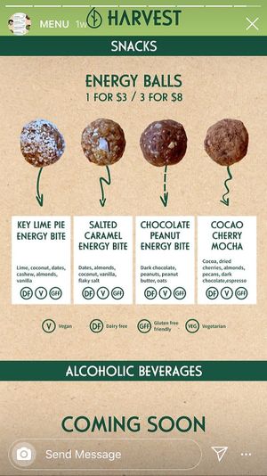 Energy ball menu at Harvest in Bedford