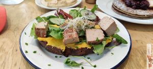 pumpkin, tofu and chive toast, they kindly replaced the mushrooms with hummus with good sourdough bread at Kitchen Paris in Paris