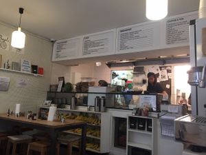 Menu and inside of restaurant (not sure how up to date this menu is, they hand you a laminated one when you sit down) at Kitchen Paris in Paris