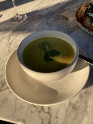 Summer corn soup with hatch chilis. My fave    at True Food Kitchen in Kansas City