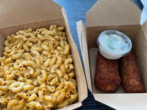 large mac and cheese and jalapeño poppers at Sweet Po Vegan Eats in Toronto