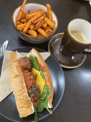 Bahn mi and sweet potato fries  at Folium Cafe in Dudley