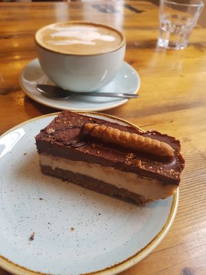 Biscoff tiffin and decaf soya latte at Olive & Bean in Newcastle Upon Tyne