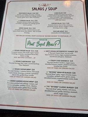 Vegan portion of the menu at Shepherd's Pub in Elora