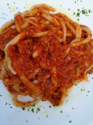 Pici al ragù at Paradiso Pizzeria Gelateria in Trequanda