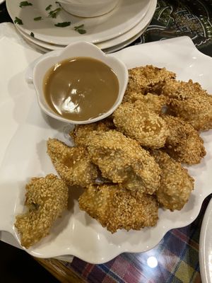 Fried banana with sesame and caramel sauce  at Aroy Thai Gardens in Middletown