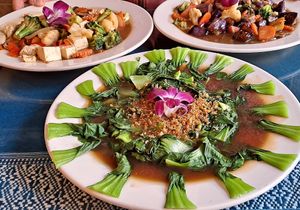 Bok Choy w/Teriyaki in foreground; Stir-Fried Veggies w/Tofu on Left; Eggplant w/Basil on Right at Aroy Thai Gardens in Middletown