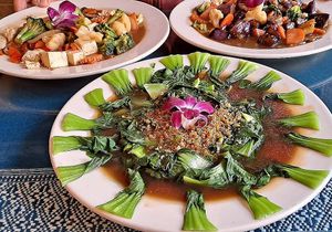 Bok Choy w/Teriyaki in foreground; Stir-Fried Veggies w/Tofu on Left; Eggplant w/Basil on Right at Aroy Thai Gardens in Middletown