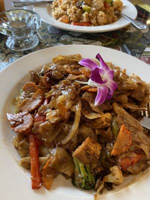 Pad See Ew with Fried Tofu and Vegan Duck  at Aroy Thai Gardens in Middletown