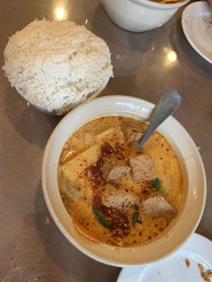 Panang curry with fried tofu (level 5 spice) at Aroy Thai Gardens in Middletown