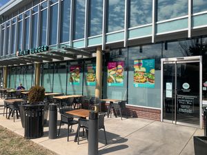 Exterior seating at PLNT Burger in Wynnewood