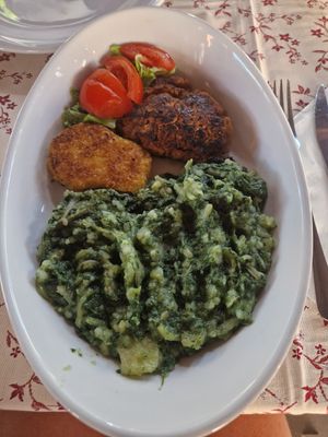 Seitan meat, tofu, potato - swiss chard at Konoba Bani in Pazin