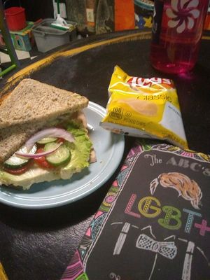 Vegan Sandwich and book from the activism library at Third Street Stuff and Coffee in Lexington