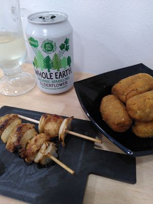 Soy teriyaki skewers and chorizo croquettes at Vegetopia in Gran Canaria