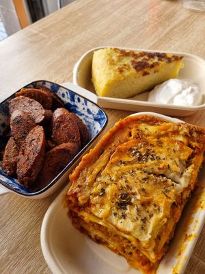 Chorizo (very tasty), lasagne and spanish tortilla. All vegan of course. at Vegetopia in Gran Canaria