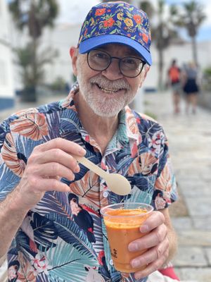 hubby with gaspacho  at Vegetopia in Gran Canaria