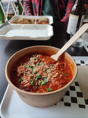 Meat'less balls (from oats and tofu)  with ragout at Vegetopia in Gran Canaria