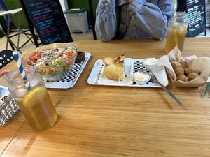 Fresh salad, tortilla and mushroom croquettes   at Vegetopia in Gran Canaria