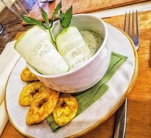 Gazpacho made with cucumbers and plantain on a side  at Osteria delle Crete in San Giovanni Dasso