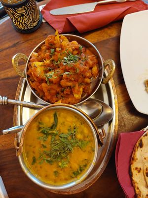 Cauliflower and potato main dish and Dahl with spinach at Namaste in Ljubljana