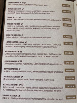 shaakahari menu at Namaste in Ljubljana