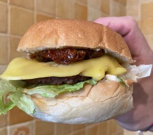 Vulcano burger: Organic vegan burger with salad, vegan Mayo, vulcano sauce, vegan cheese slice, dried tomatoes at iVegan in Rome