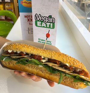 Tipical Italian panini with vegan cheese and slices at iVegan in Rome