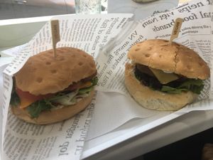Bacon cheeseburger (#1 vegan burger I’ve had in my life) on the left, smoked burger on the right at iVegan in Rome