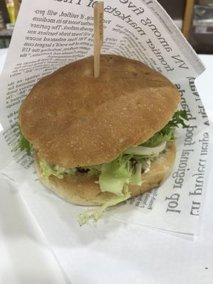 Smoked burger with beets, barbecue sauce, cheese, and lettuce at iVegan in Rome