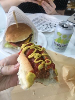 Classic hot dog with sauerkraut, ketchup and mustard  at iVegan in Rome