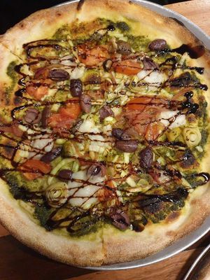 Specials board pizza (leek, chilli, caramalised onion, balsamic vinegar glaze) $27.00 at Green Acre Pizza Bar in Brunswick